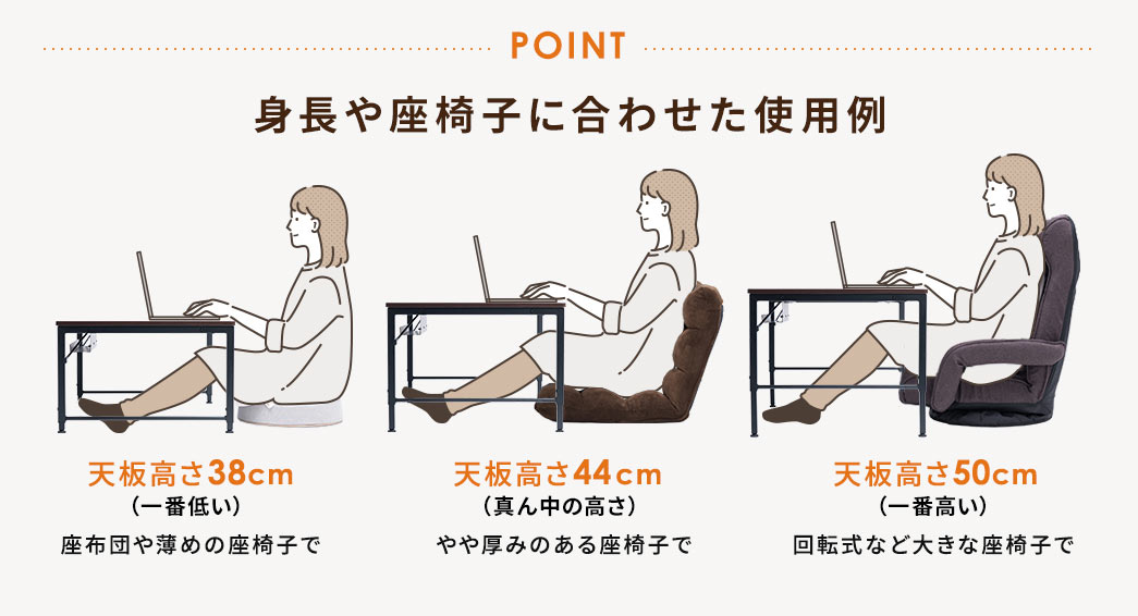 POINT、身長や座椅子に合わせた使用例。座布団や薄めの座椅子で作業する場合、一番低い天板高さ38cm。やや厚みのある座椅子で作業する場合、真ん中の高さの44cm。回転式など大きな座椅子で作業する場合、一番高い天板高さ50cm。