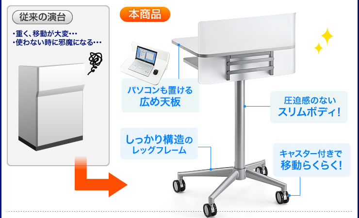 パソコンも置ける広め天板 圧迫感のないスリムボディ