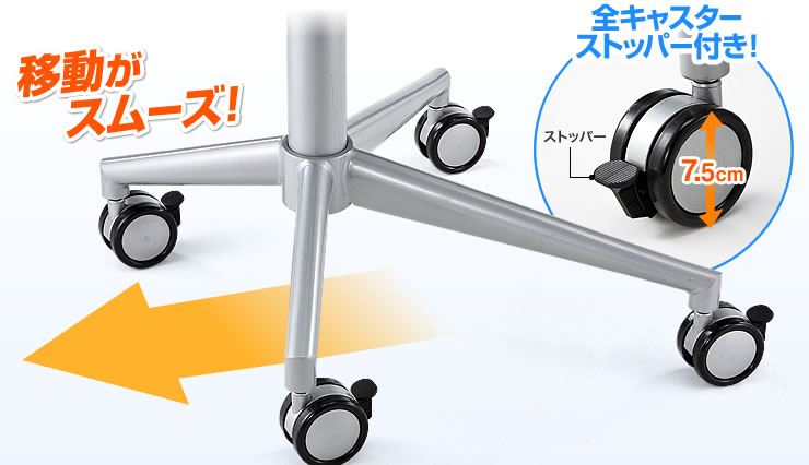 移動がスムーズ 全キャスターストッパー付き