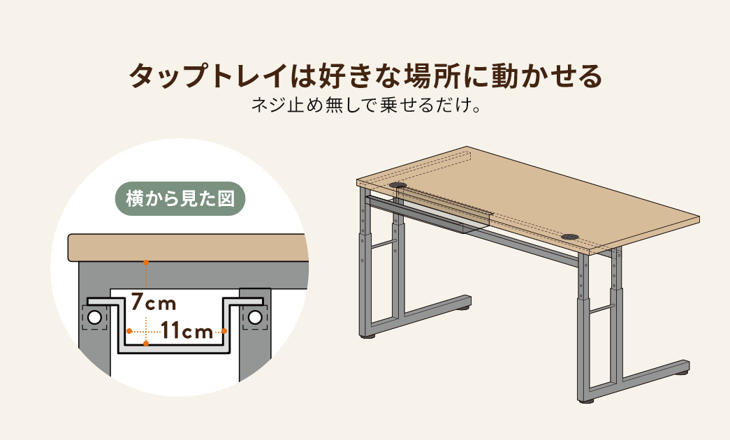 ネジ止め無しで乗せるだけで、タップトレイを好きな場所に動かせる。