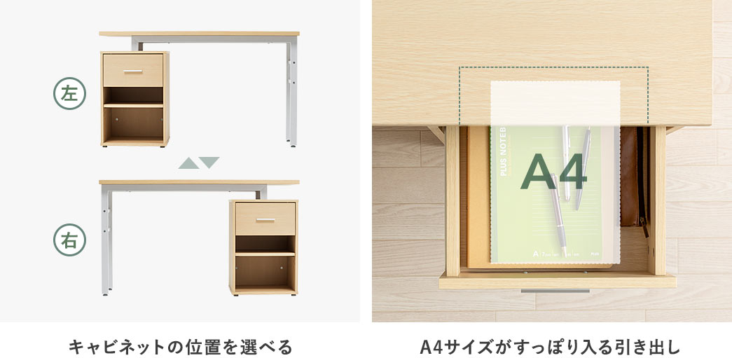 キャビネットの位置を選べる A4サイズがすっぽり入る引き出し