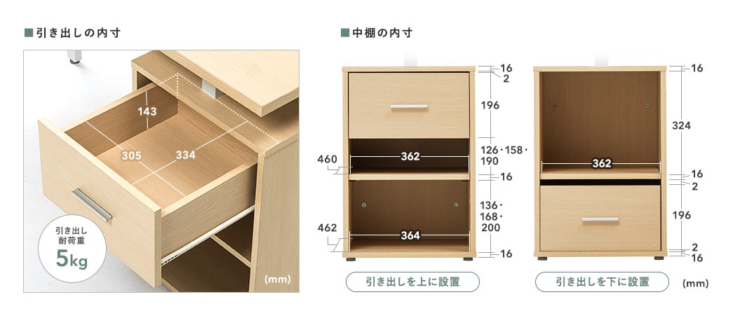 引き出しの内寸 中棚の内寸