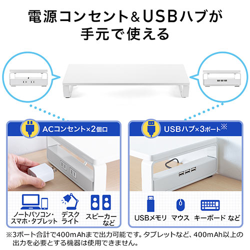 モニター台(机上台・USBポート&電源タップ付き・ホワイト) / 100