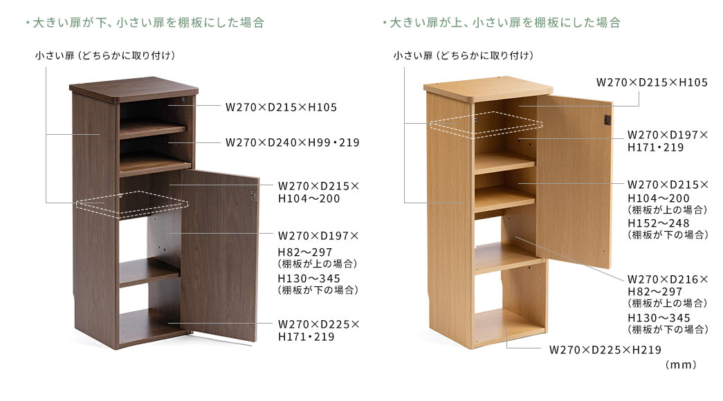 ・大きい扉が下、小さい扉が上の場合 ・大きい扉が上、小さい扉が下の場合