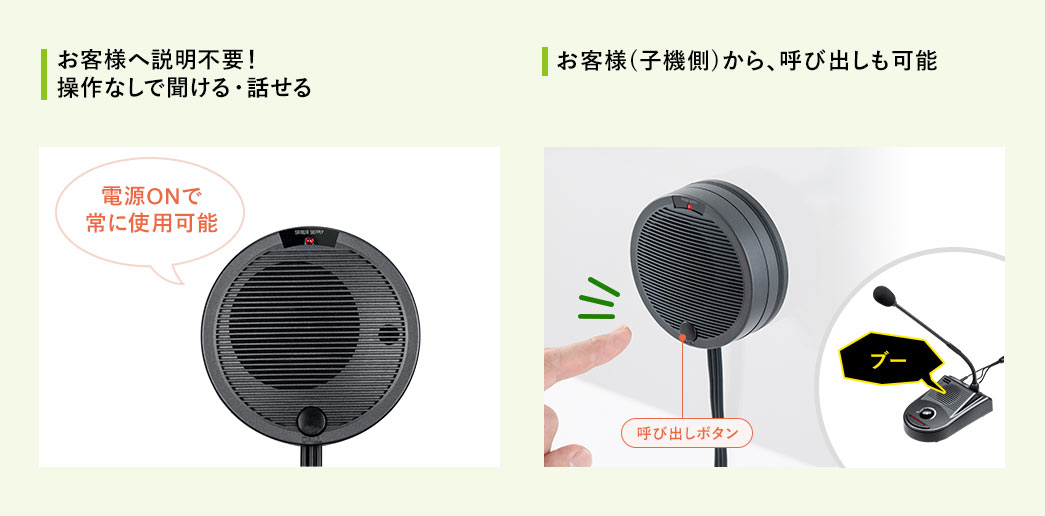 お客様へ説明不要 操作なしで聞ける・話せる お客様(子機側)から、呼び出しも可能