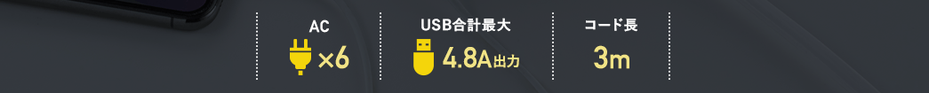 AC×6、USB合計最大4.8A出力、コード長3m