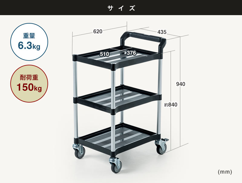 プラスチックテーブル台車 テーブル3段式 最大積載量150kg PLA150Y-T3