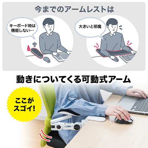 エルゴノミクスアームレスト(クランプ式・ホワイト) / 200-TOK011W