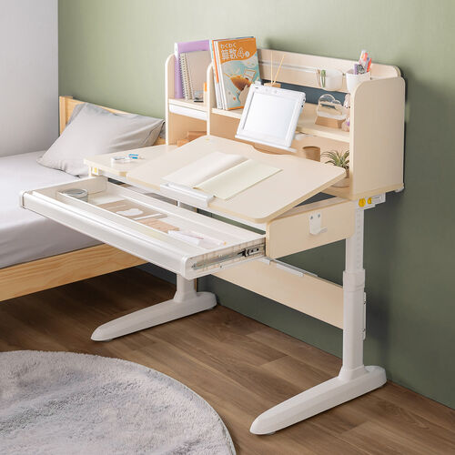 【アウトレット】学習机 手動昇降式 チルト天板 シェルフ付 ペントレー 小物入れつき