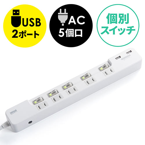 電源タップ(USB充電ポート付・最大3.1Aまで・1500W・2m・5個口・個別スイッチ付)