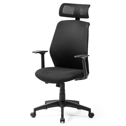 【アウトレット】メッシュチェア(ロッキング・ハイバック・ヘッドレスト・肘掛け付き・ブラック)