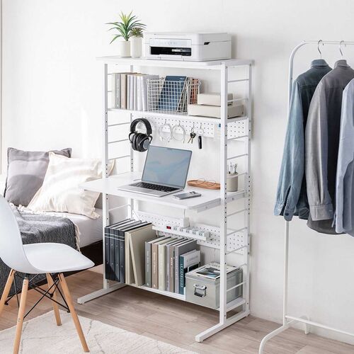 収納棚つきパソコンラック 幅85cm 奥行50cm 有孔ボードつき ホワイト
