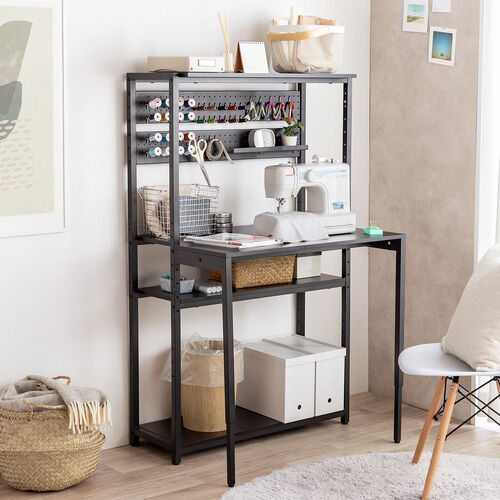 収納棚付き パソコンラック 幅85cm 奥行60cm 有孔ボードつき ブラック