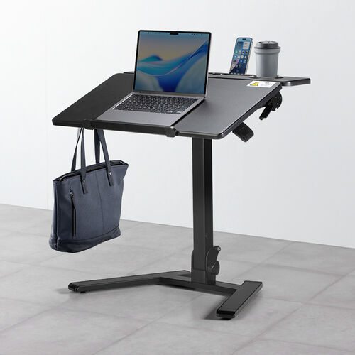 スタンディングデスク ガス圧昇降 折りたたみテーブル 天板角度調整 カップホルダー付き ブラック