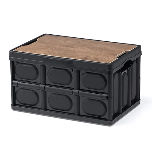 折りたたみコンテナ 容量55L 木製フタ付き ブラック / 100-FC002BK