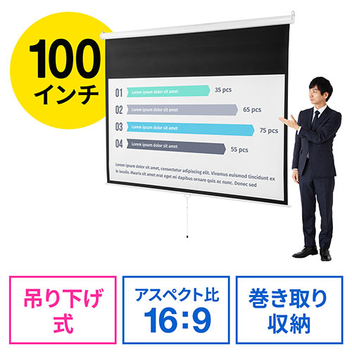 【アウトレット】プロジェクタースクリーン(100インチ・吊り下げ式・天井・壁掛け・ホームシアター・スロー巻き上げ式・16:9)