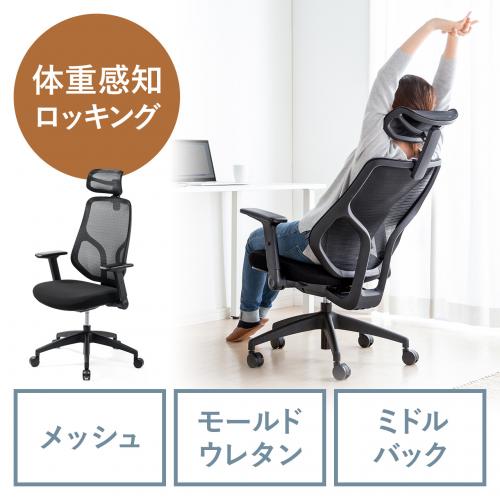 【アウトレット】メッシュチェア 体重感知式ロッキング  ロッキング固定 ミドルバック ヘッドレスト アームレスト モールドウレタン キャスター ブラック