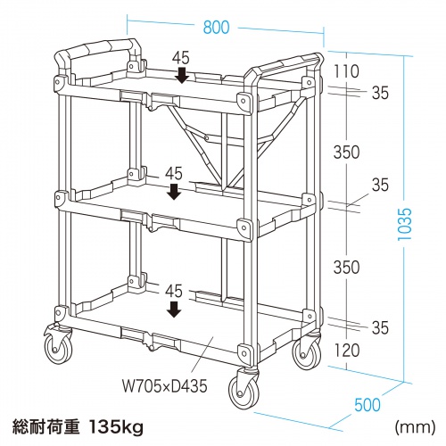 折りたたみカート3段式(W800) / CART-FA1GY【デスクダイレクト】