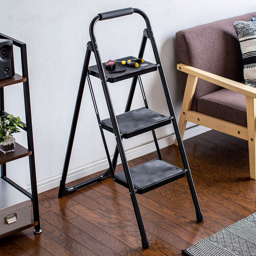 脚立 踏み台 折りたたみ 滑り止め付き 持ち手付き 手すり付き 3段 黒
