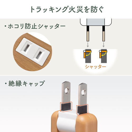 USB付タップ 2個口 込口防塵シャッター付 個別スイッチ/3-8318