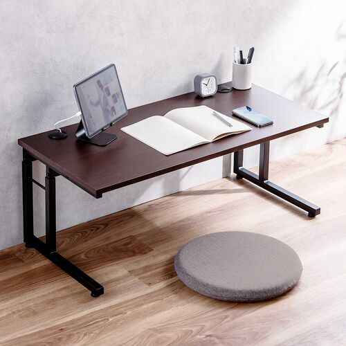 ローデスク 高さ調整6段階 高さ38cm～58cm 幅90cm 奥行45cm 電源タップ受けつき ブラウン