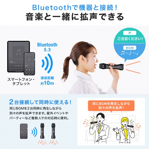 ハンドマイク型 拡声器 15W出力 Bluetooth対応 充電式 ストラップ付き