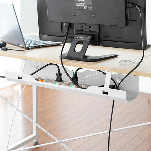 【アウトレット】ケーブルトレー 配線受け ケーブルオーガナイザー デスク固定タイプ スチール金属製 電源タップ ケーブル収納 ホワイト
