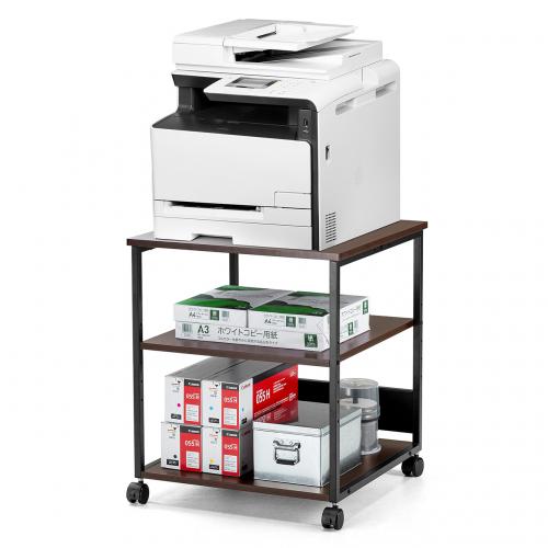 プリンタ台 プリンタラック 3段 キャスター付き 収納 棚付き 幅60cm×奥行60cm×高さ70cm 木目 ブラウン