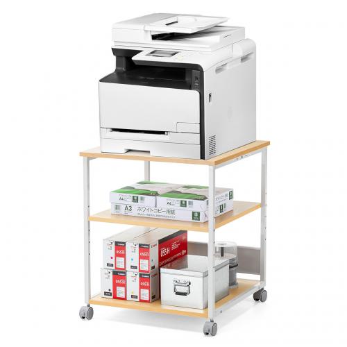 プリンタ台 プリンタラック 3段 キャスター付き 収納 棚付き 幅60cm×奥行60cm×高さ70cm 木目 ライトブラウン