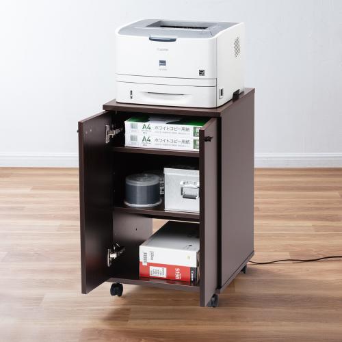 扉付きプリンターワゴン キャスター付き 木目調 ブラウン