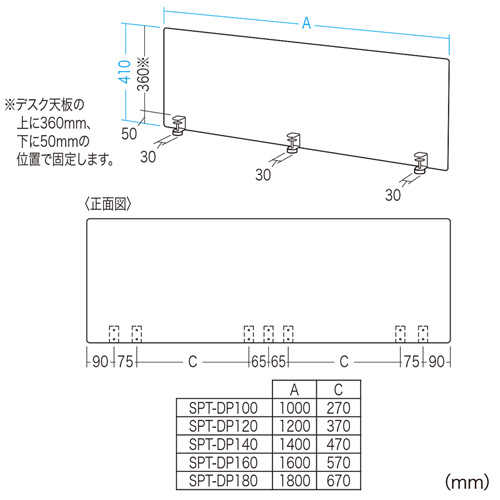 デスクトップパネル 幅1200mm 高さ410mm クランプ式 アクリル 幕板 飛沫感染防止対策 SPT-DP120【デスクダイレクト】