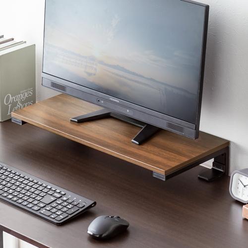 モニター台 机上台 幅55cm クランプ式 平置き 天板拡張 デスクエクステンダー 木目 ダークブラウン